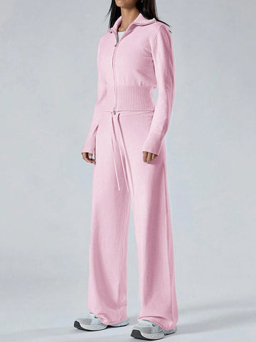 Women's Solid Color Zip Collar Long Sleeve Sweater Cardigan And Knit Pants Women's Solid Color Zip Collar Long Sleeve Sweater Cardigan And Knit Pants