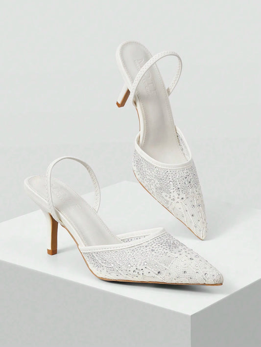 MOTF PREMIUM WOMEN'S FASHION MESH RHINESTONE BACKLESS POINTED TOE HIGH HEEL