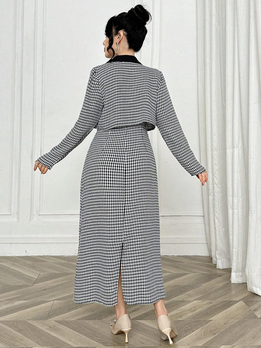 Women's Elegant Romantic Houndstooth Color Block Outfit