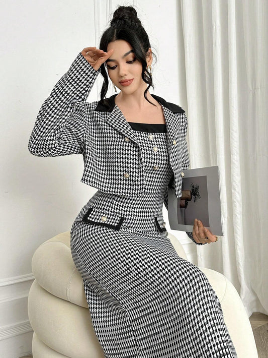Women's Elegant Romantic Houndstooth Color Block Outfit