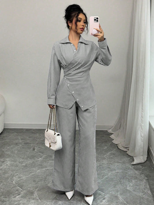 Modelyn 2pcs Women's Woven Striped Blue Tie Front Cardigan And Long Sleeve Top