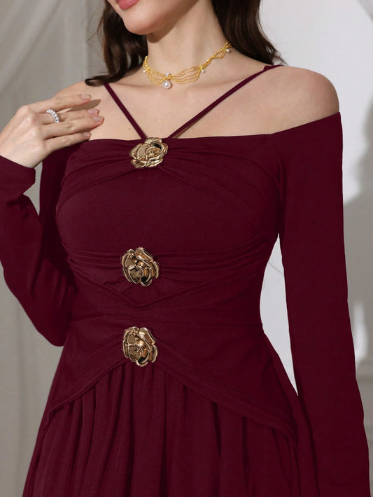 Modelyn Women Elegant Floral Decor Waist Cinched Long Dress