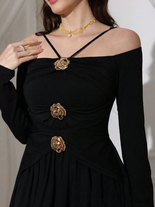 Modelyn Women Elegant Floral Decor Waist Cinched Long Dress