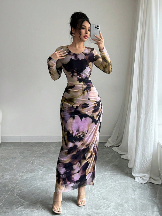 Modelyn Women Tie Dye Gradient Print Mesh Panel Ruched Waist Fishtail Hem Elegant Long Dress