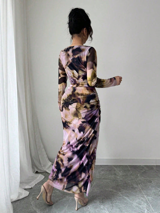 Modelyn Women Tie Dye Gradient Print Mesh Panel Ruched Waist Fishtail Hem Elegant Long Dress