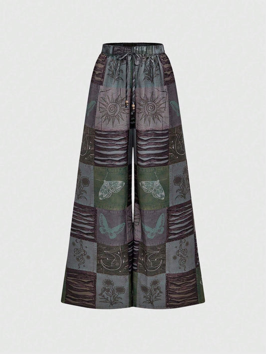 ROMWE Fairycore Boho Style Loose Women's Wide Leg Pants With Star, Moon And Plant