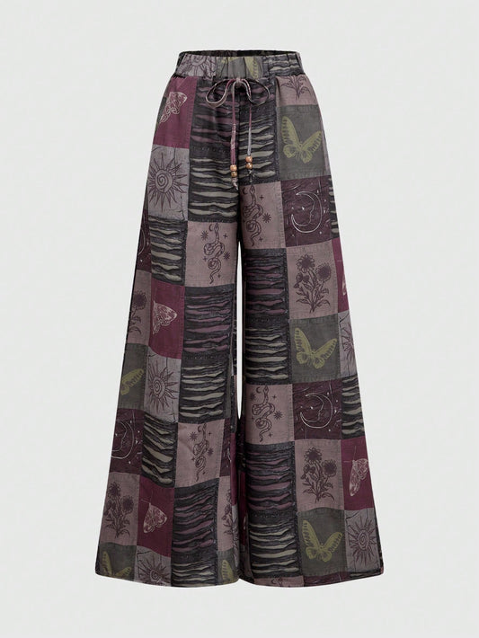 ROMWE Fairycore Boho Style Loose Women's Wide Leg Pants With Star, Moon And Plant