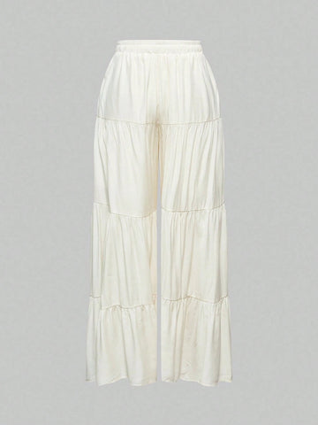 ROMWE Hippie Solid Ruffle Hem Drawstring Waist Pants ROMWE Hippie Solid Ruffle Hem Drawstring Waist Pants