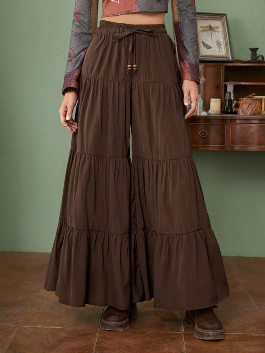 ROMWE Hippie Solid Ruffle Hem Drawstring Waist Pants