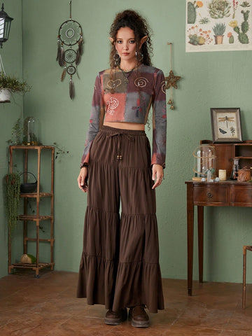 ROMWE Hippie Solid Ruffle Hem Drawstring Waist Pants ROMWE Hippie Solid Ruffle Hem Drawstring Waist Pants