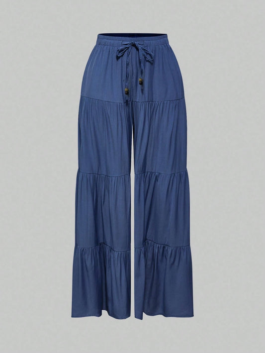 ROMWE Hippie Solid Ruffle Hem Drawstring Waist Pants