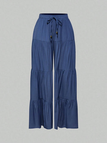 ROMWE Hippie Solid Ruffle Hem Drawstring Waist Pants ROMWE Hippie Solid Ruffle Hem Drawstring Waist Pants