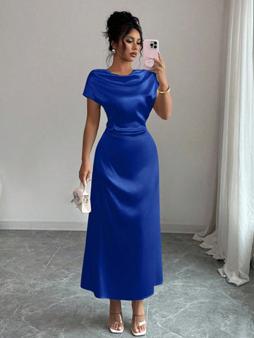 Women Elegant Date/Office Wear High Collar Tie Front Short Sleeve Satin Dress Women Elegant Date/Office Wear High Collar Tie Front Short Sleeve Satin Dress