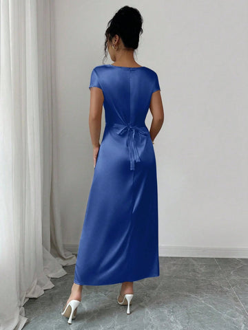 Women Elegant Date/Office Wear High Collar Tie Front Short Sleeve Satin Dress Women Elegant Date/Office Wear High Collar Tie Front Short Sleeve Satin Dress