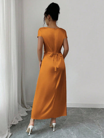 Women Elegant Date/Office Wear High Collar Tie Front Short Sleeve Satin Dress Women Elegant Date/Office Wear High Collar Tie Front Short Sleeve Satin Dress