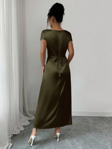 Women Elegant Date/Office Wear High Collar Tie Front Short Sleeve Satin Dress Women Elegant Date/Office Wear High Collar Tie Front Short Sleeve Satin Dress