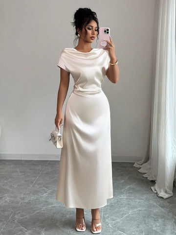 Women Elegant Date/Office Wear High Collar Tie Front Short Sleeve Satin Dress Women Elegant Date/Office Wear High Collar Tie Front Short Sleeve Satin Dress
