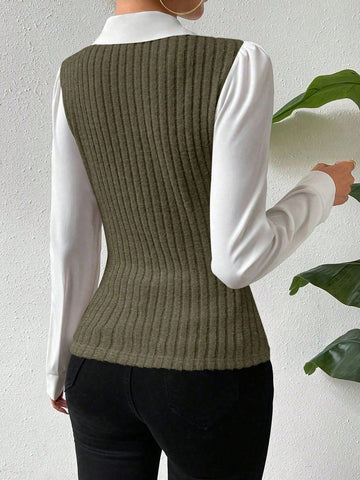 Women's Faux Two-Piece Collared Long Sleeve Fitted Blouse Women's Faux Two-Piece Collared Long Sleeve Fitted Blouse