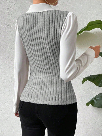 Women's Faux Two-Piece Collared Long Sleeve Fitted Blouse Women's Faux Two-Piece Collared Long Sleeve Fitted Blouse