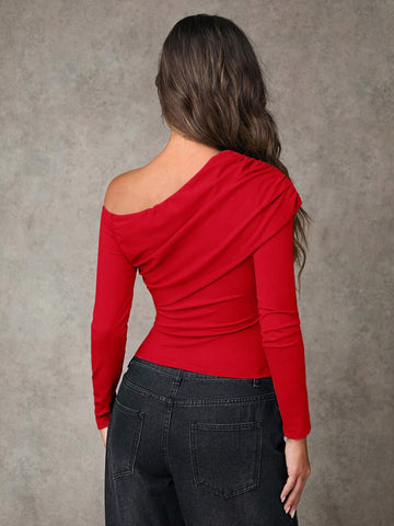 Women Casual Asymmetrical Collar Fitted Long Sleeve T-Shirt Women Casual Asymmetrical Collar Fitted Long Sleeve T-Shirt