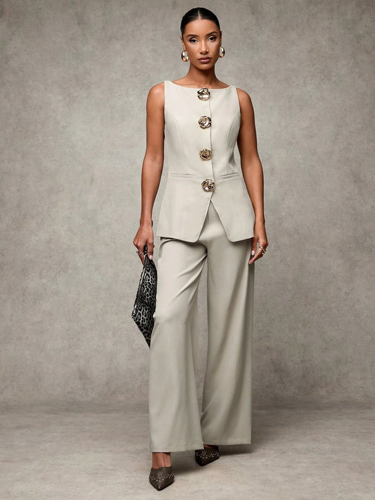 Fashionable Commuter Vest With 3D Floral Decor & Pants Set