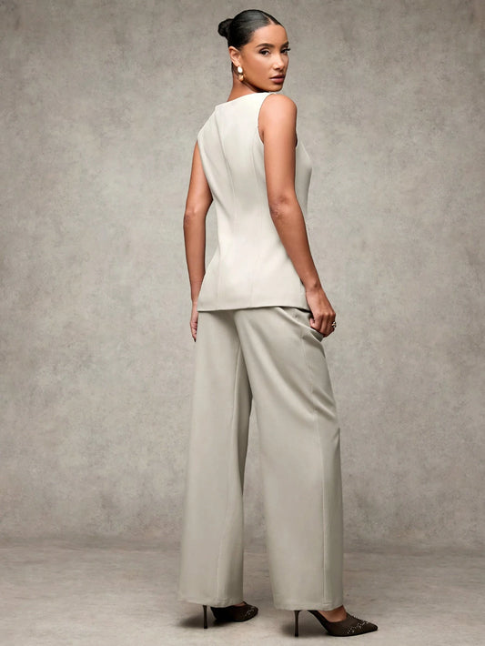 Fashionable Commuter Vest With 3D Floral Decor & Pants Set