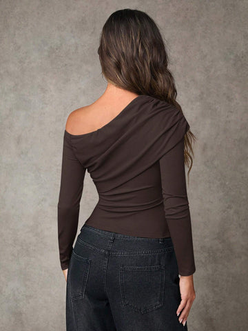 Women Casual Asymmetrical Collar Fitted Long Sleeve T-Shirt Women Casual Asymmetrical Collar Fitted Long Sleeve T-Shirt