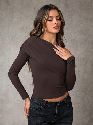 Women Casual Asymmetrical Collar Fitted Long Sleeve T-Shirt Women Casual Asymmetrical Collar Fitted Long Sleeve T-Shirt