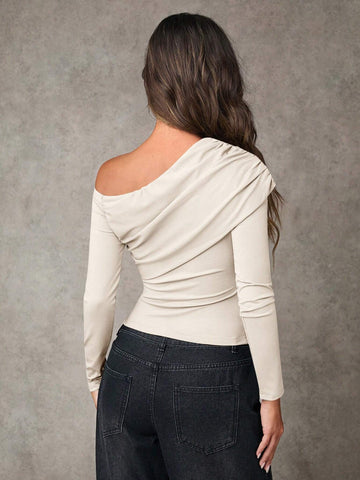 Women Casual Asymmetrical Collar Fitted Long Sleeve T-Shirt Women Casual Asymmetrical Collar Fitted Long Sleeve T-Shirt