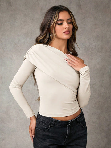 Women Casual Asymmetrical Collar Fitted Long Sleeve T-Shirt Women Casual Asymmetrical Collar Fitted Long Sleeve T-Shirt