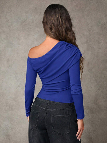 Women Casual Asymmetrical Collar Fitted Long Sleeve T-Shirt Women Casual Asymmetrical Collar Fitted Long Sleeve T-Shirt