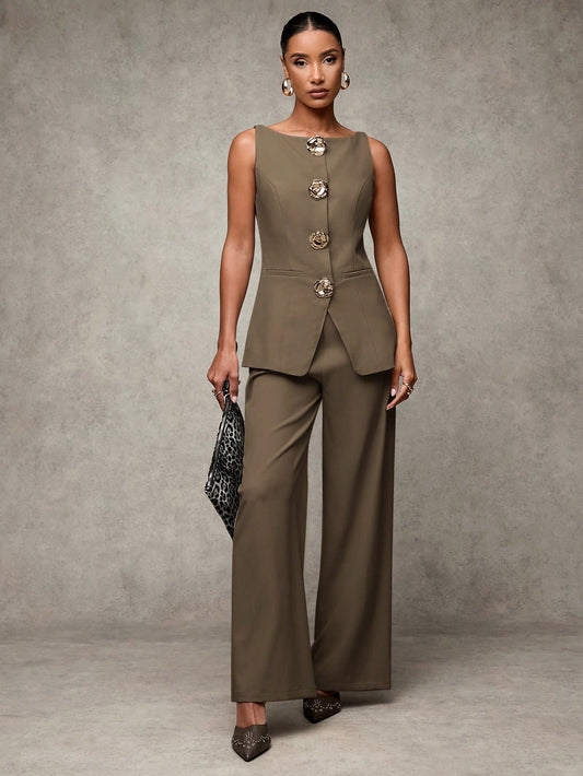 BAE Women's Solid Color Sleeveless Vest And Pants Set