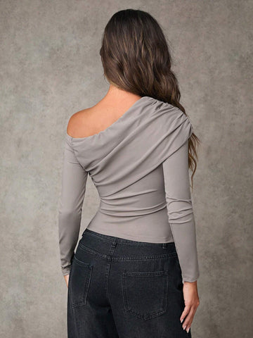 Women Casual Asymmetrical Collar Fitted Long Sleeve T-Shirt Women Casual Asymmetrical Collar Fitted Long Sleeve T-Shirt