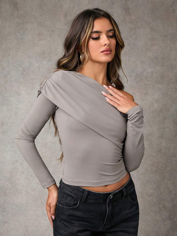 Women Casual Asymmetrical Collar Fitted Long Sleeve T-Shirt Women Casual Asymmetrical Collar Fitted Long Sleeve T-Shirt