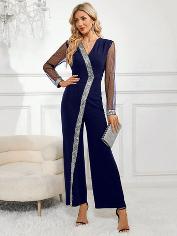 Gownix Contrast Mesh Sleeve Contrast Sequin Wide Leg Jumpsuit Gownix Contrast Mesh Sleeve Contrast Sequin Wide Leg Jumpsuit