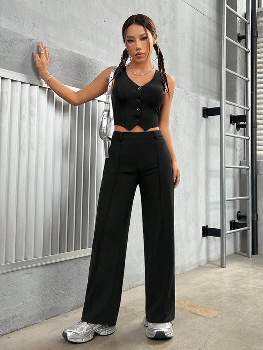 2pcs Women's Solid V-Neck Sleeveless Button Front Top And Pants Set