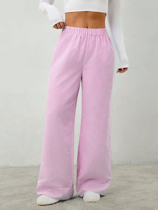 PETITE Women's Casual Minimalist Striped Wide-Leg Pants