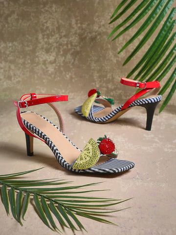 Ladies Kitten Heel Slingback Sandals With Fruit Ornamentations Ladies Kitten Heel Slingback Sandals With Fruit Ornamentations