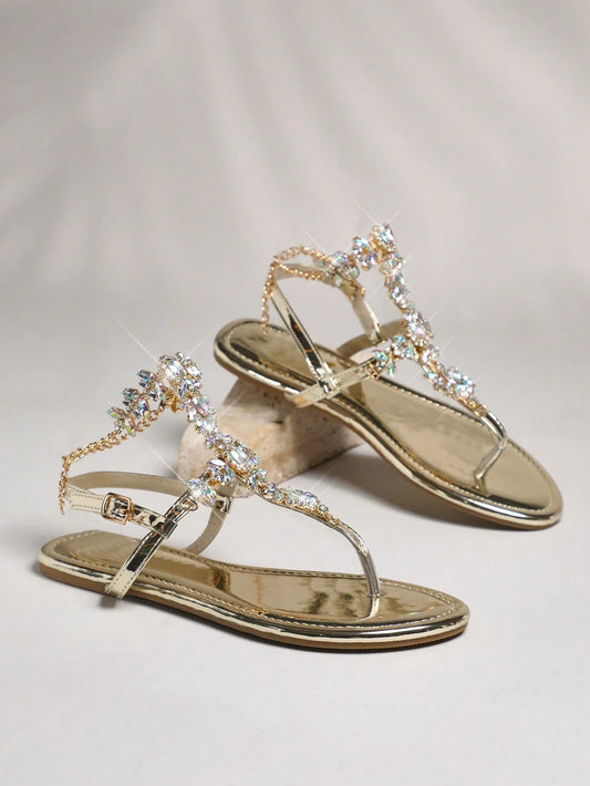SHUZIA Rhinestone Jewels T Strap With Chain Flat Sandals