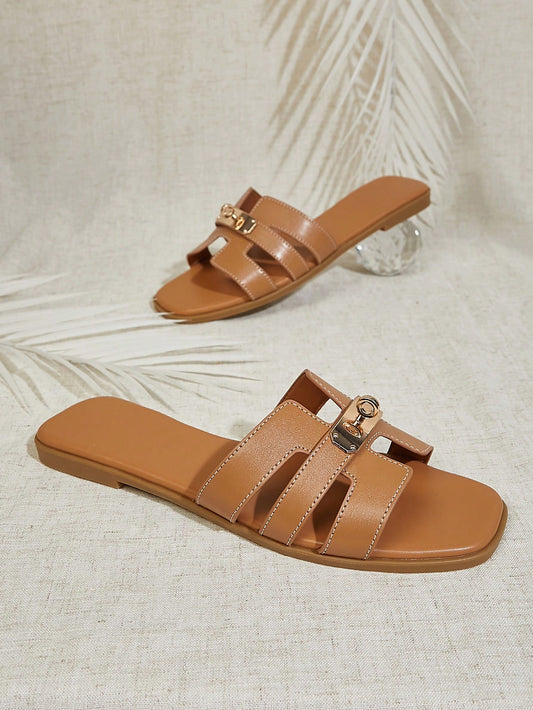 Women's Luxury Gold Lock Stitching Detail Square Toe Flat