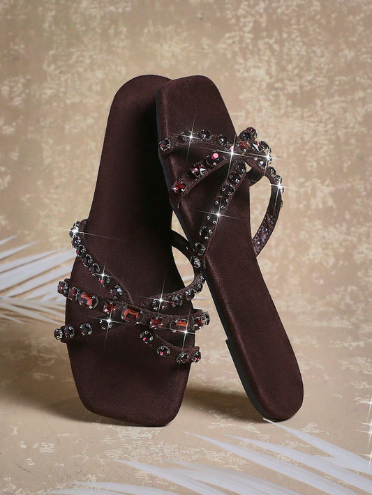 Women's Glass Rhinestone Casual Fashion Round Toe Flat Sandals