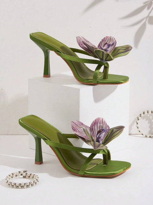 Travel & Beach Green Satin Flower Decor Open Toe Stiletto High Heel Sandals