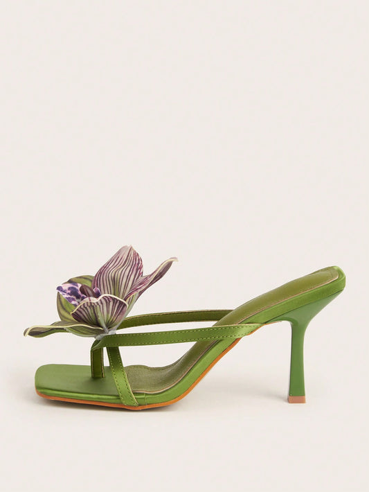 Travel & Beach Green Satin Flower Decor Open Toe Stiletto High Heel Sandals