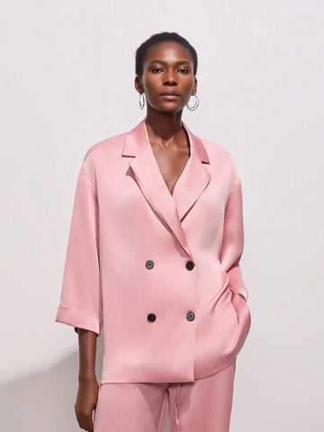 Textured Loose Solid Double Breasted Blazer Jacket And Pants Suit With Pockets Textured Loose Solid Double Breasted Blazer Jacket And Pants Suit With Pockets