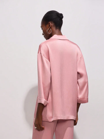 Textured Loose Solid Double Breasted Blazer Jacket And Pants Suit With Pockets Textured Loose Solid Double Breasted Blazer Jacket And Pants Suit With Pockets