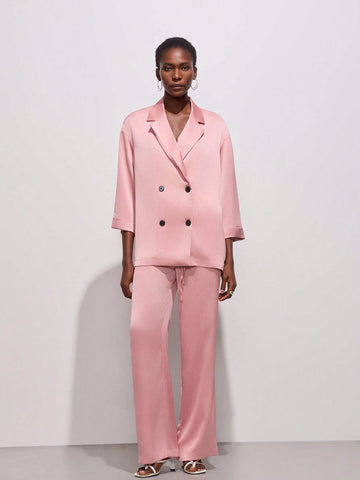 Textured Loose Solid Double Breasted Blazer Jacket And Pants Suit With Pockets Textured Loose Solid Double Breasted Blazer Jacket And Pants Suit With Pockets