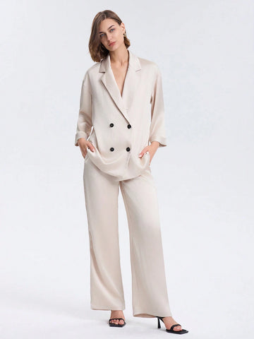 Textured Loose Solid Double Breasted Blazer Jacket And Pants Suit With Pockets Textured Loose Solid Double Breasted Blazer Jacket And Pants Suit With Pockets