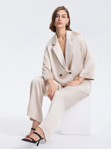Textured Loose Solid Double Breasted Blazer Jacket And Pants Suit With Pockets Textured Loose Solid Double Breasted Blazer Jacket And Pants Suit With Pockets