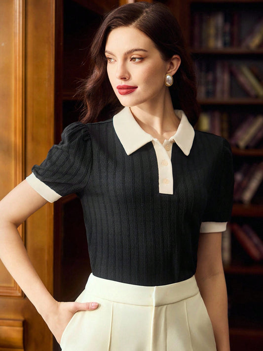 Elegant Women Polo Collar Jacquard Casual Commute Vacation T-Shirt