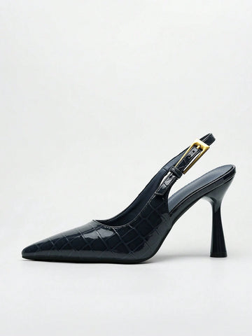 Women's Pointed Toe Fashion Button Detail Patent Leather Slip-On Heeled Pumps Women's Pointed Toe Fashion Button Detail Patent Leather Slip-On Heeled Pumps